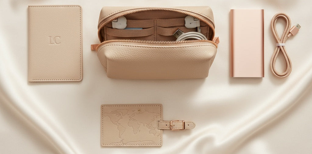 Collection of travel accessories including a compact mirror, power bank, and lanyard on a beige fabric background.